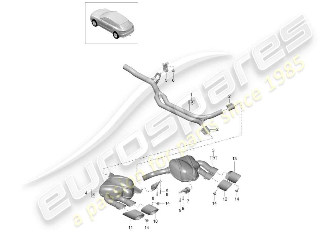 porsche 2017 (macan) sistema de escape silenciador delantero silenciador trasero diagrama de piezas