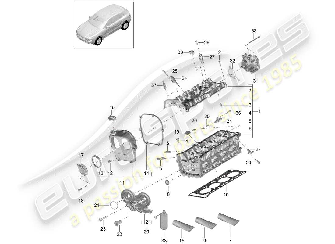 porsche macan (2018) diagrama de piezas de la culata del cilindro