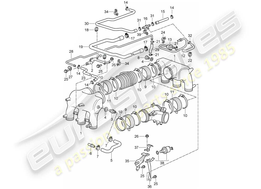 porsche 2005 (996 gt3) distribuidor de aire de admisión diagrama de piezas