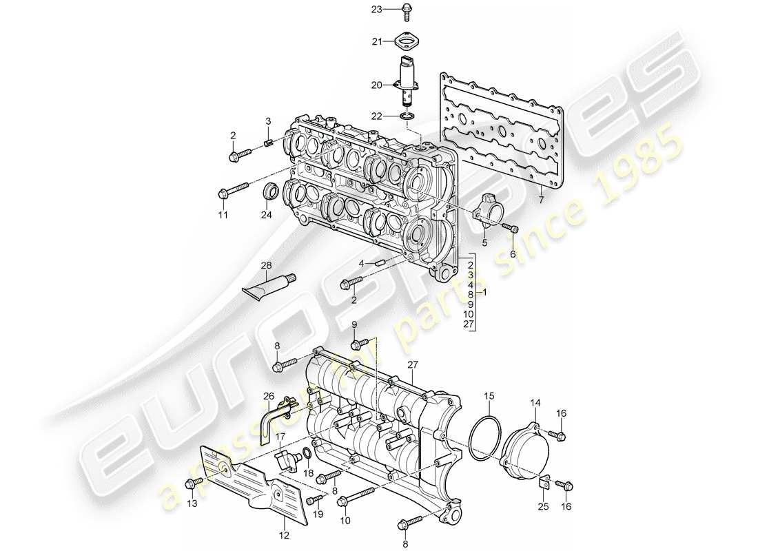 porsche 2008 (997-1 gt3) carcasa del árbol de levas diagrama de piezas