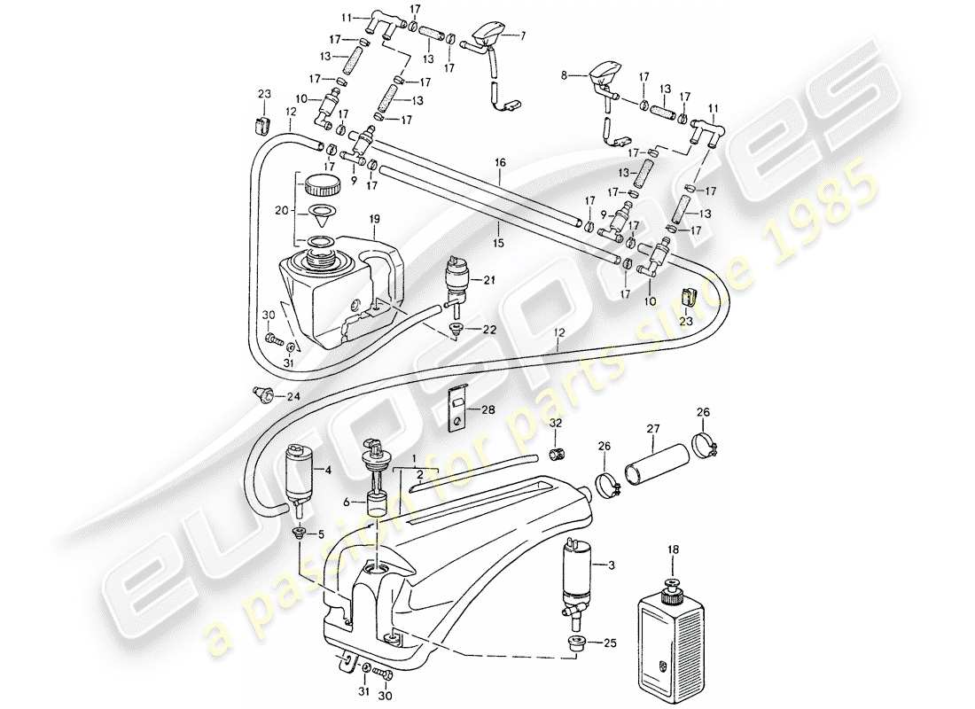 porsche 1990 (964) windshield washer unit diagrama de piezas
