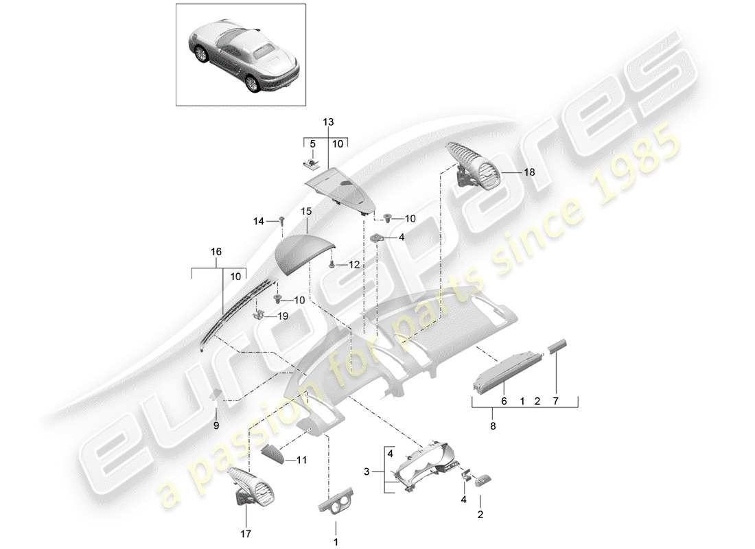 porsche 2017 (718 boxster) accesorios diagrama de piezas