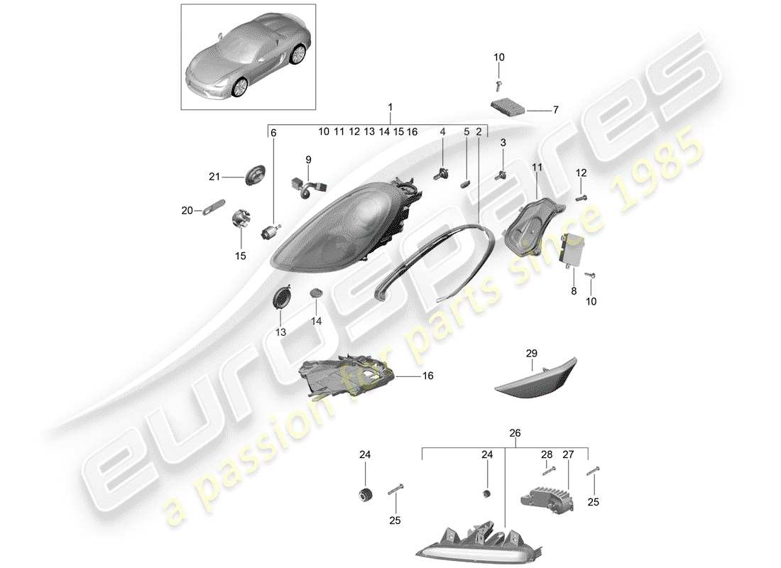 porsche 2016 (981 boxster spyder) diagrama de piezas del faro
