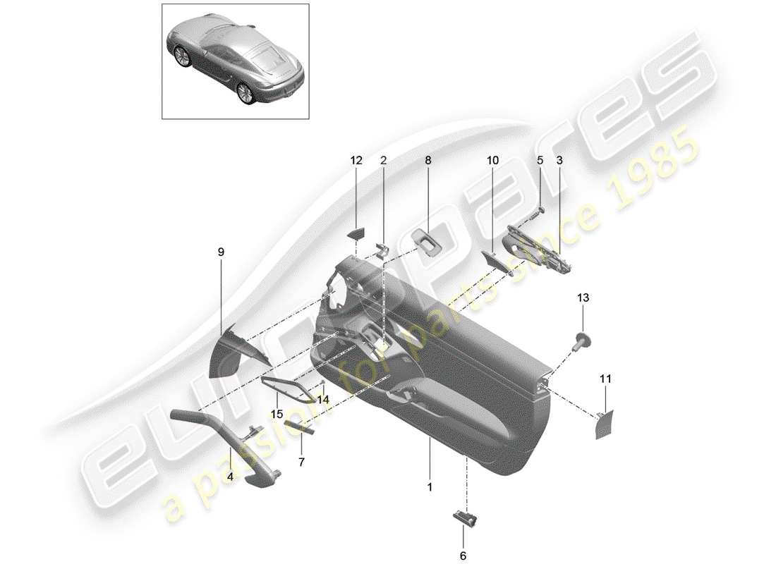 porsche 2016 (981 cayman) diagrama de piezas del panel de puerta