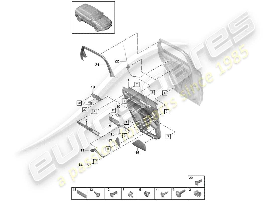 porsche 2020 (cayenne e3 9ya/9yb) diagrama de piezas del panel de puerta