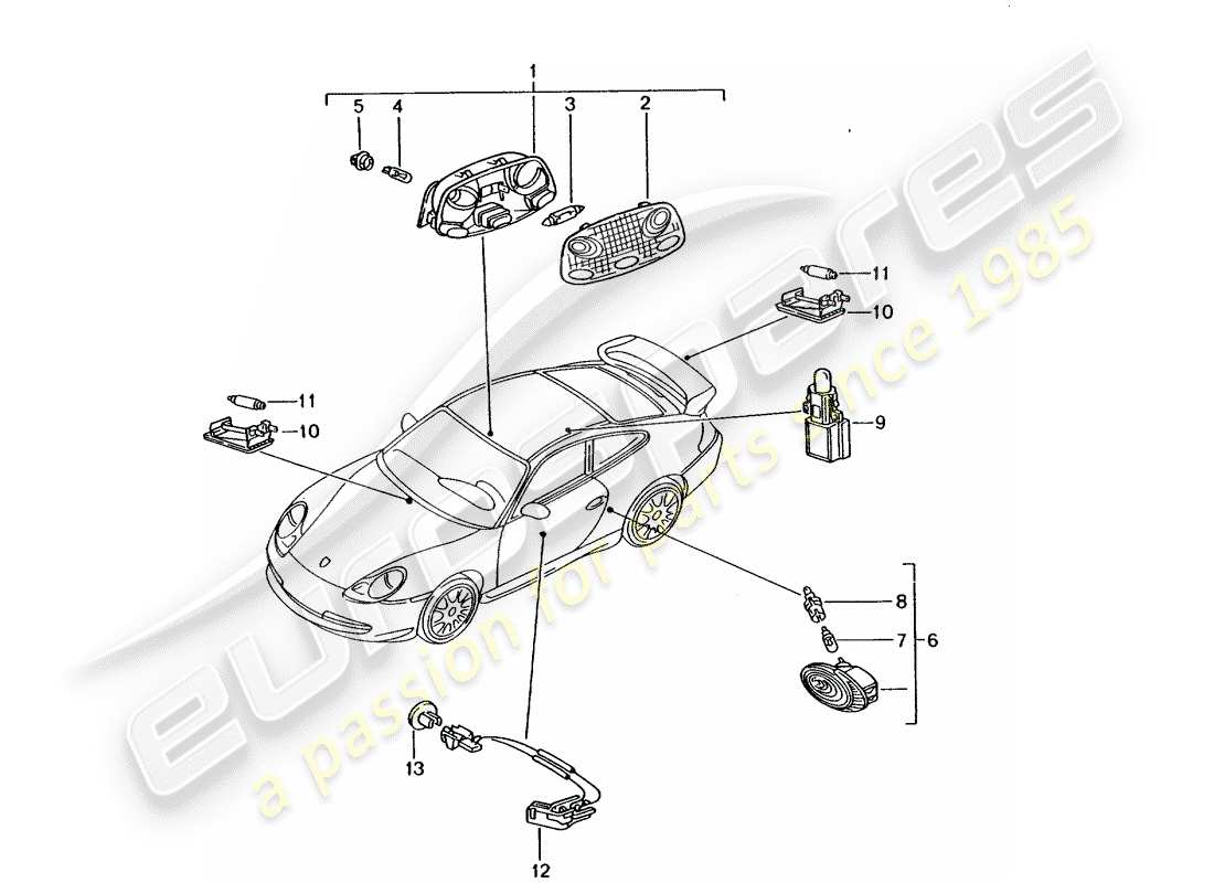 porsche 2003 (996 gt3) luz interior - luz del maletero - luz del compartimiento del motor - luz de la guantera - iluminación de la manija de la puerta - abierto interior diagrama de piezas