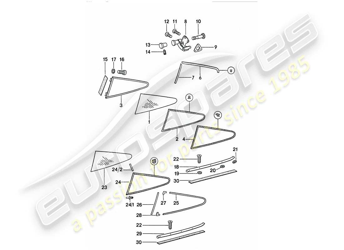 porsche 1977 (911) acristalamiento de ventanas diagrama de piezas