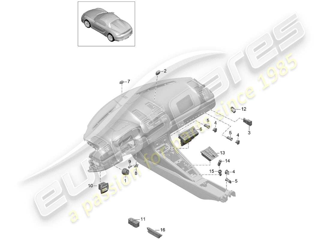 porsche 2016 (981 boxster spyder) diagrama de piezas del interruptor