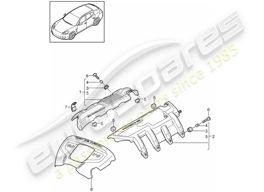 porsche 2010 (panamera 970) diagrama de piezas de la cubierta del motor