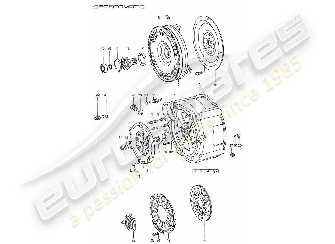 porsche 1977 (911) convertidor de par - carcasa del convertidor diagrama de piezas