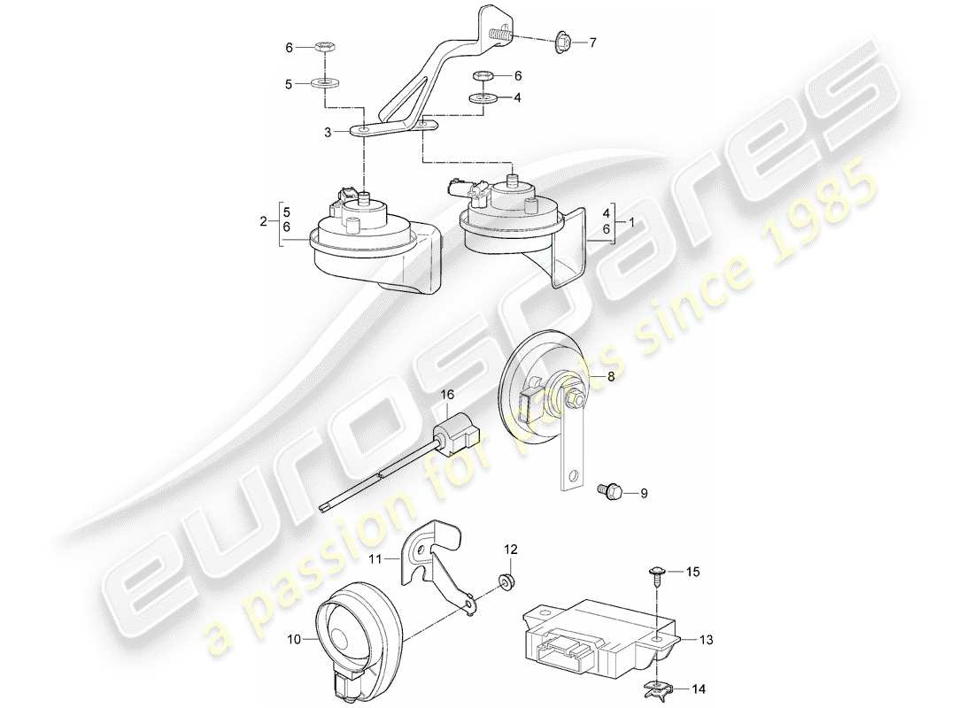 porsche 2013 (997-2 turbo / gt2 rs) cuerno de fanfarria diagrama de piezas