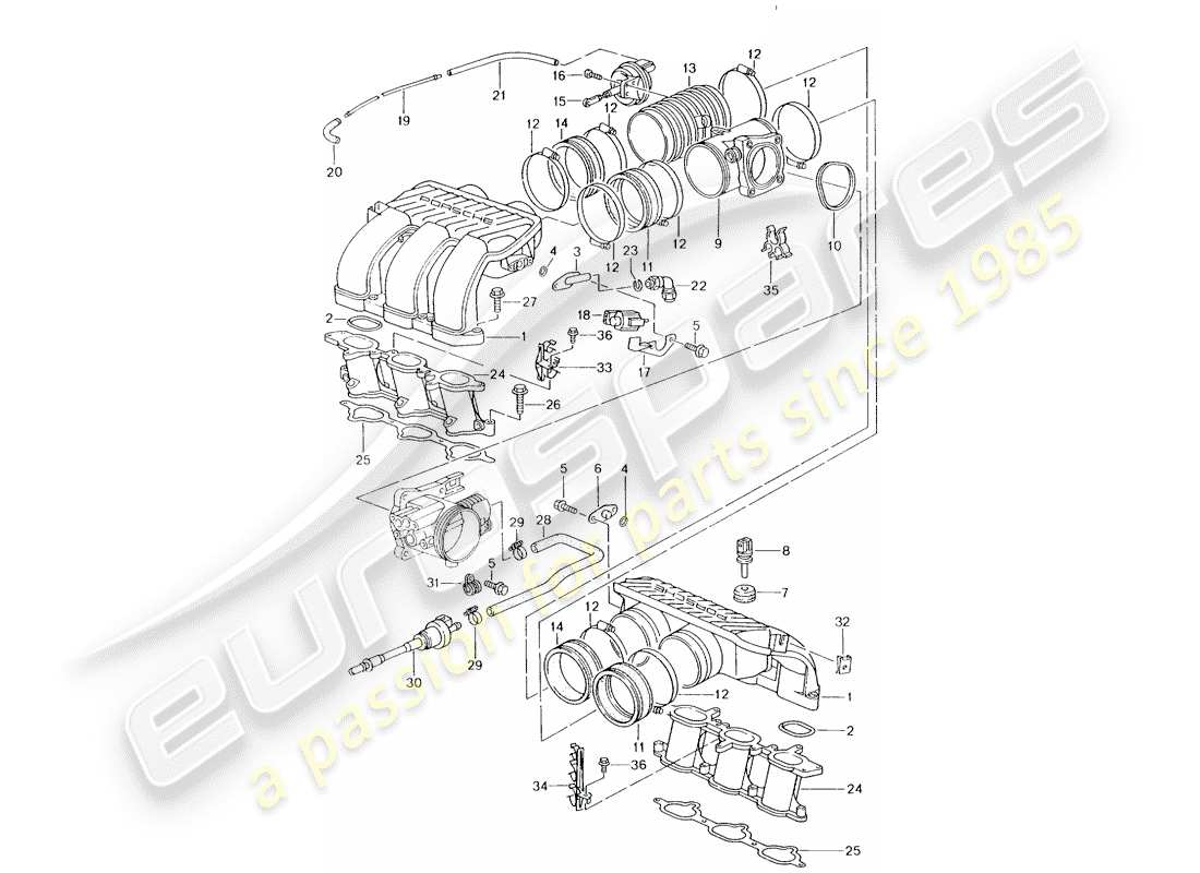 porsche 2003 (996) distribuidor de aire de admisión diagrama de piezas