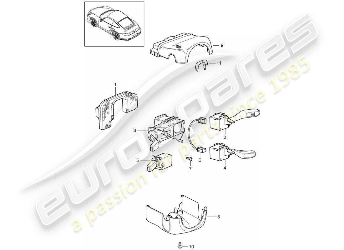 porsche 911 t/gt2rs (2011) diagrama de piezas del interruptor de la columna de dirección