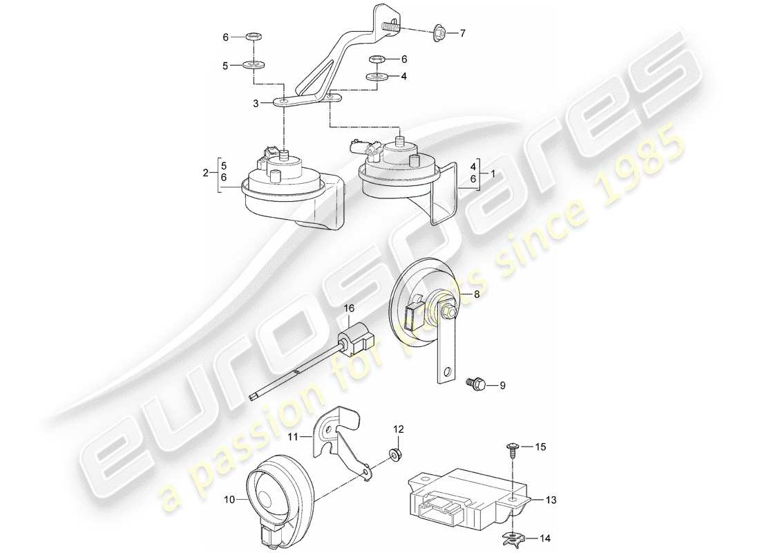 porsche 2007 (997-1 gt3) cuerno de fanfarria diagrama de piezas
