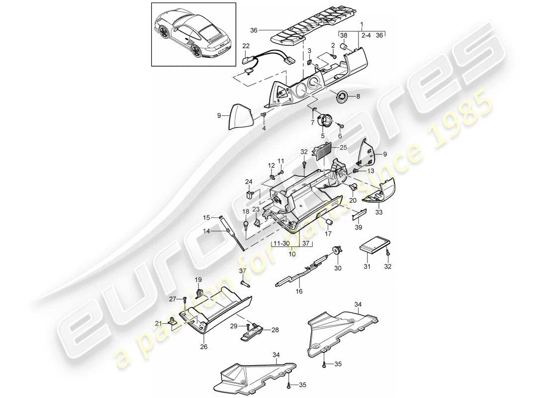 porsche 911 t/gt2rs (2013) diagrama de piezas de la guantera
