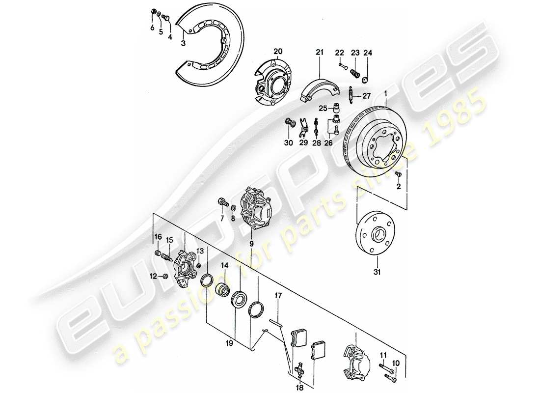 porsche 1976 (911) frenos de disco - freno de mano diagrama de piezas