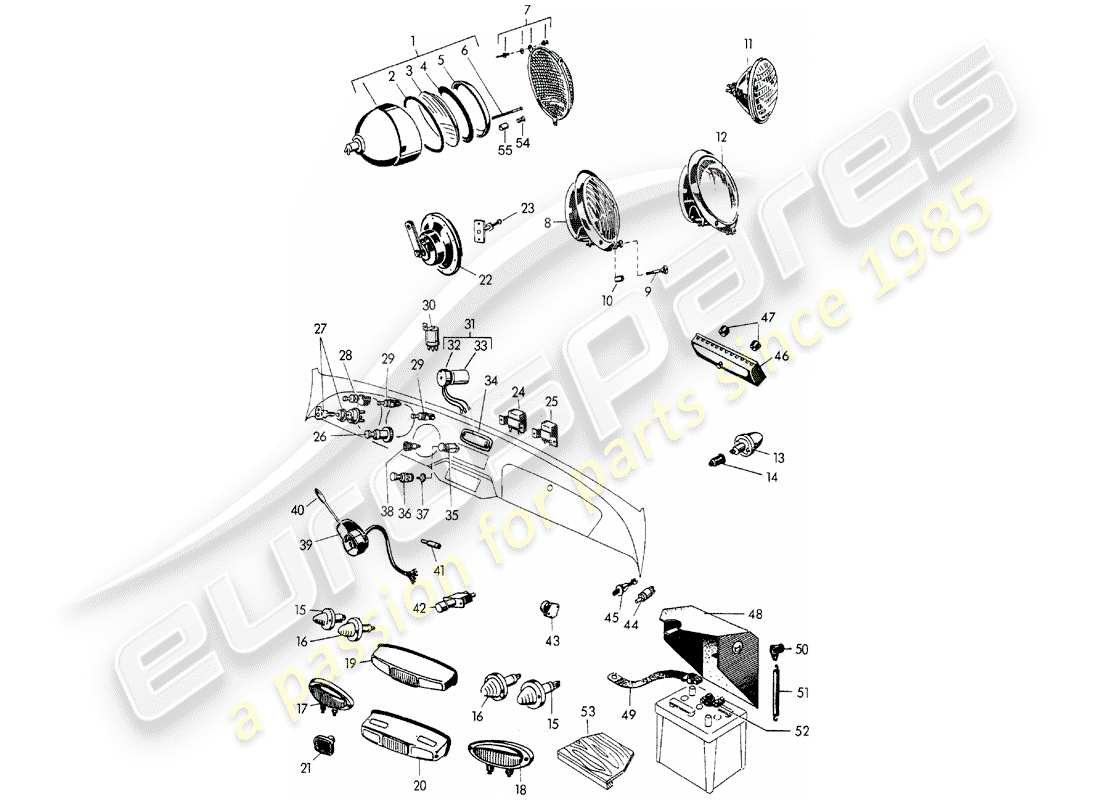 porsche 1954 (356/356a) faro - luces - e - interruptor - batería diagrama de piezas