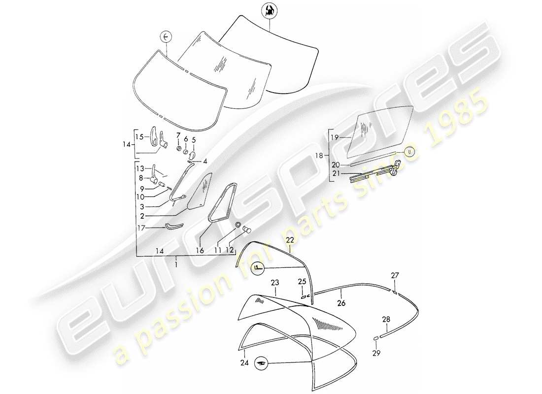porsche 1973 (911) acristalamiento de ventanas diagrama de piezas