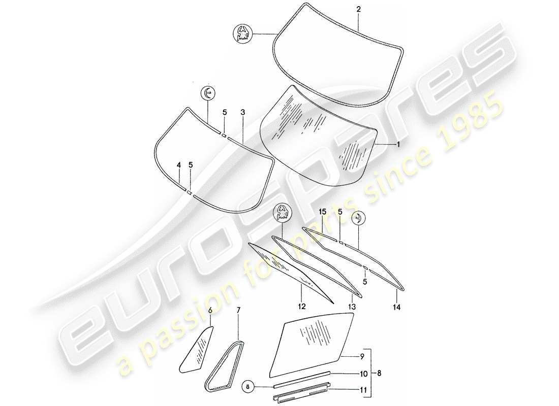 porsche 1977 (911) acristalamiento de ventanas diagrama de piezas