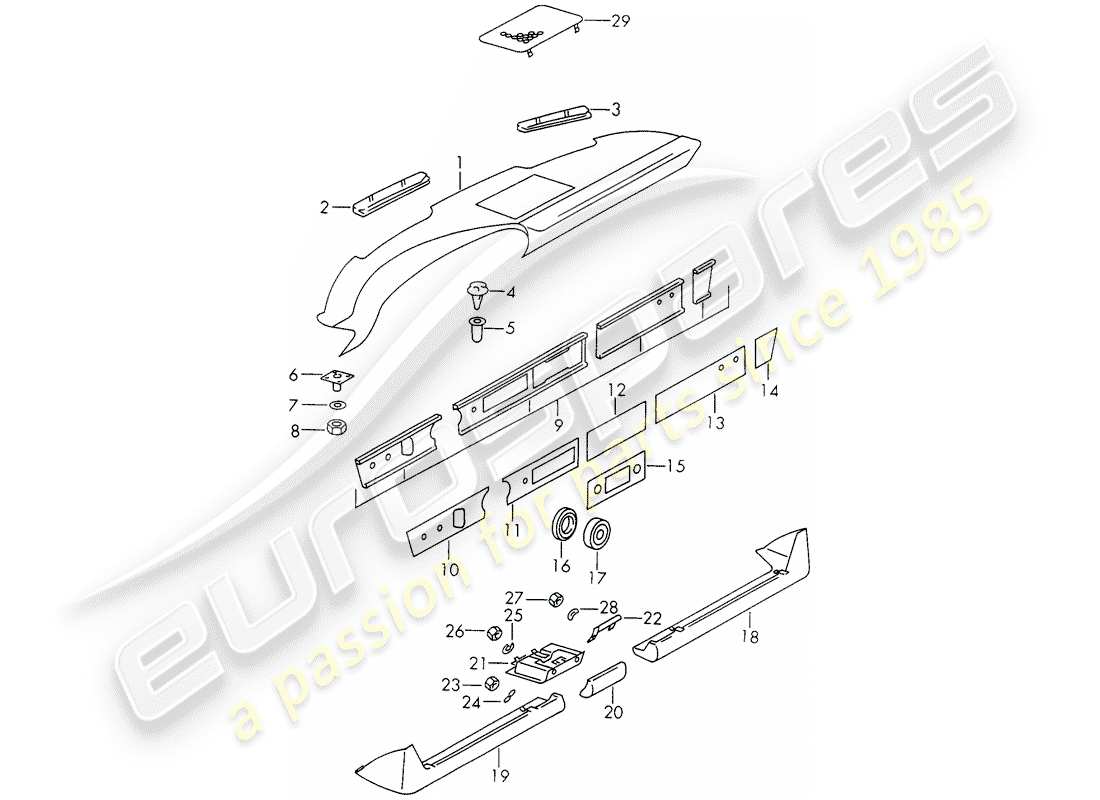porsche 1973 (911) embellecedor del panel de salpicadero - con: - cenicero - y - cubierta de embellecedor diagrama de piezas