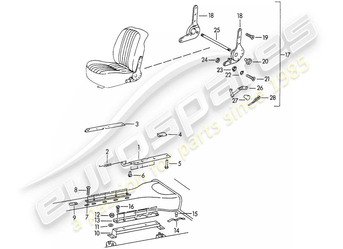 porsche 1964 (356b/356c) riel del asiento - soporte del riel del asiento - y - mecanismo del asiento reclinable diagrama de piezas