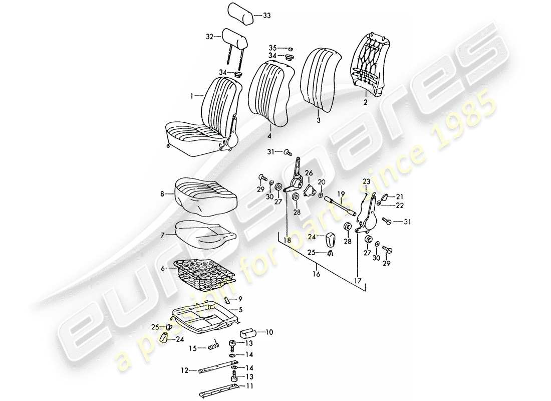 porsche 1973 (911) diagrama de piezas del asiento delantero