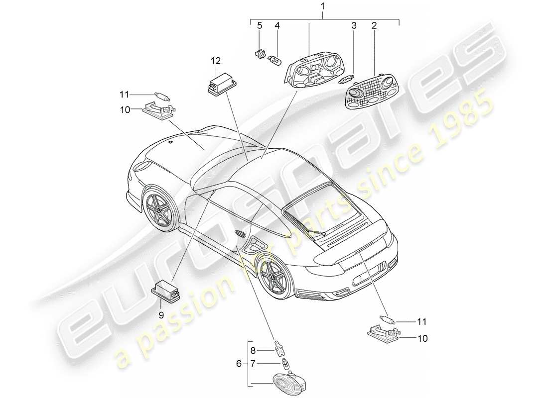 porsche 2013 (997-2 turbo / gt2 rs) diagrama de piezas de luces interiores