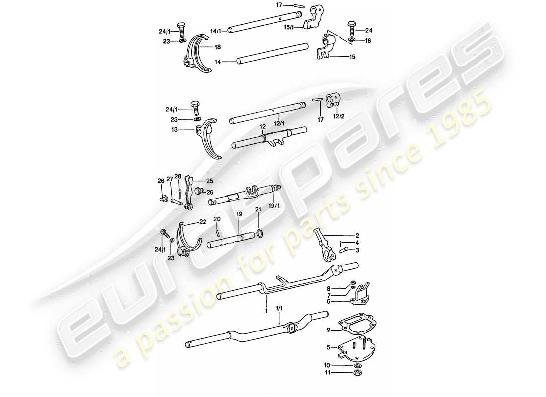porsche 1974 (911) varillas de cambio - horquillas de cambio diagrama de piezas