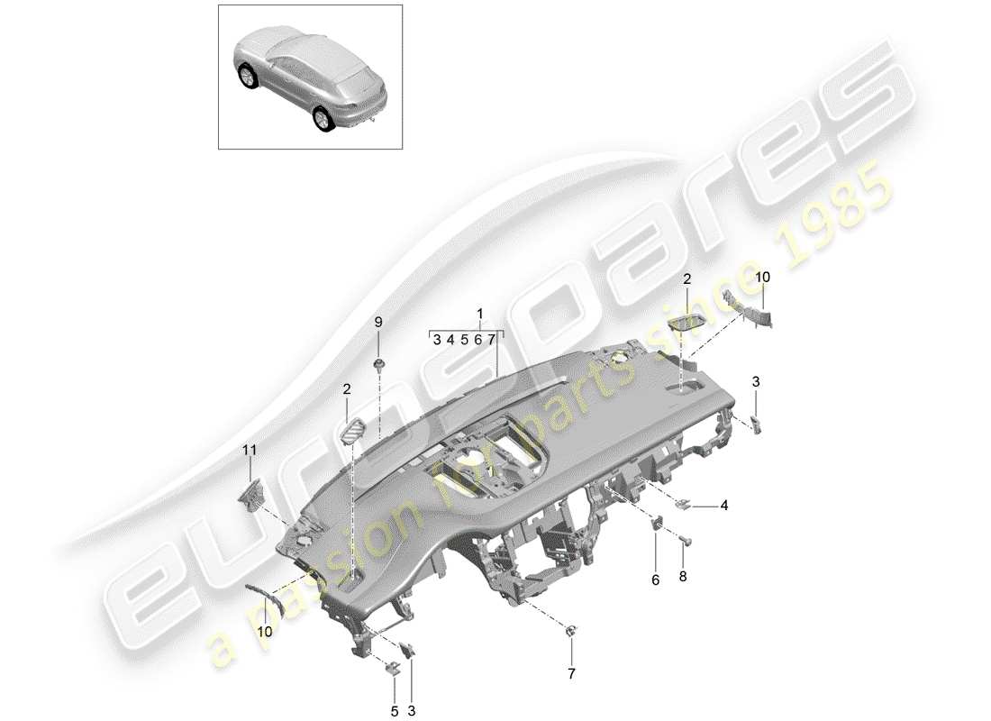 porsche 2015 (macan) moldura del panel de instrumentos diagrama de piezas
