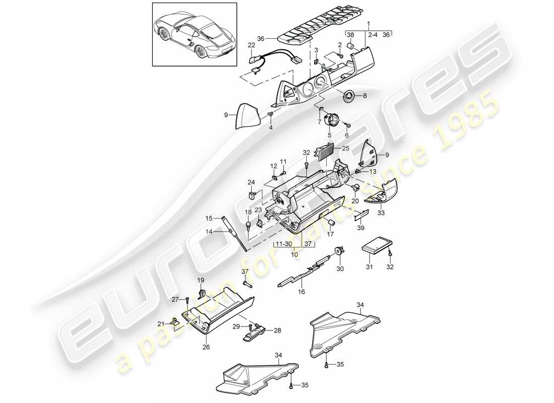 porsche 2012 (987 cayman) diagrama de piezas de la guantera