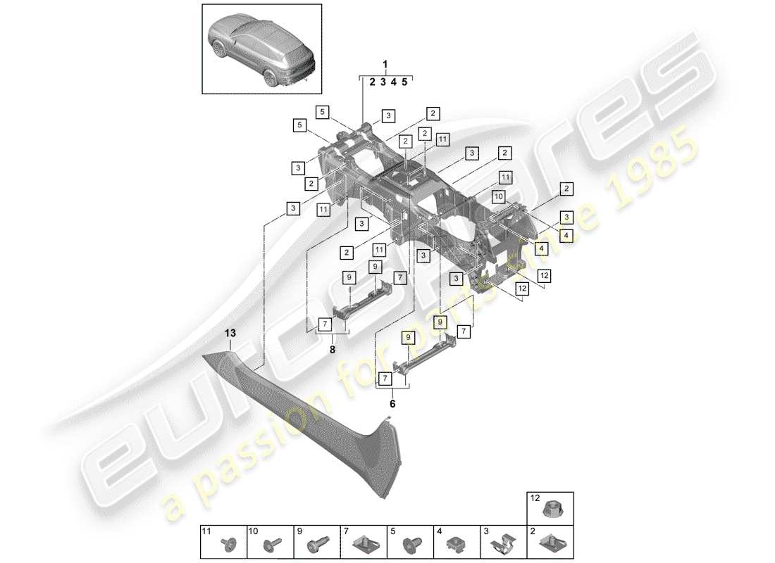 porsche 2020 (cayenne e3 9ya/9yb) diagrama de piezas de la consola central