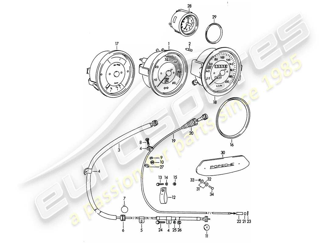 porsche 356b/356c (1962) instrumentos - diagrama de piezas mecánicas