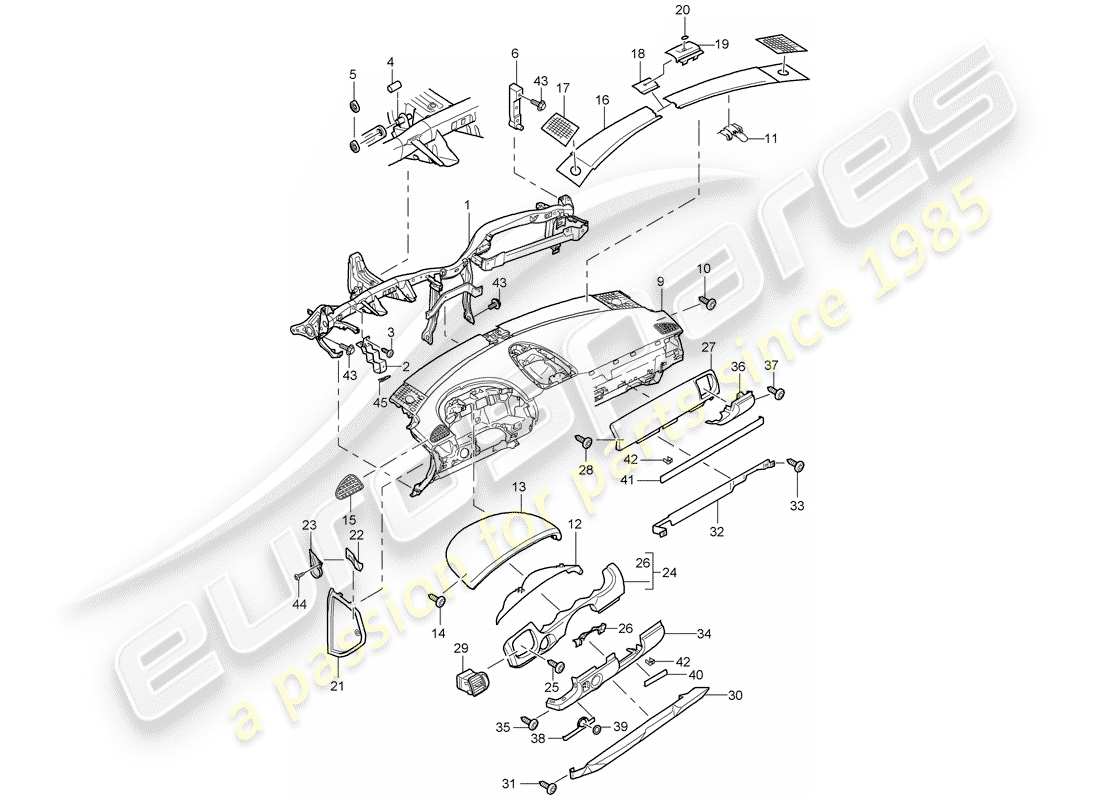 porsche 2004 (cayenne e1 9pa) moldura del panel de instrumentos diagrama de piezas