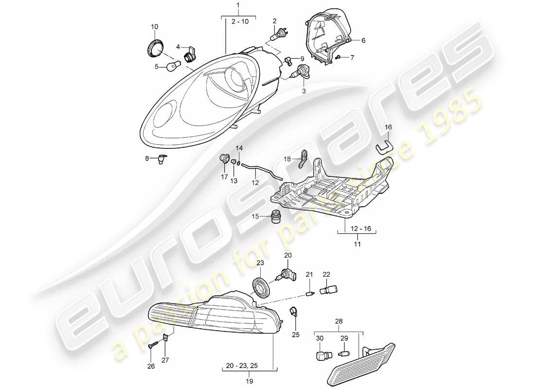porsche 2007 (987 boxster) diagrama de piezas del faro