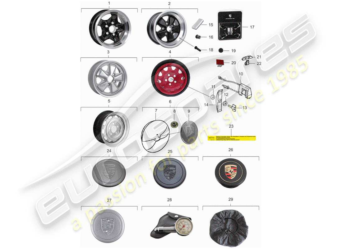 porsche 1977 (911) ruedas diagrama de piezas