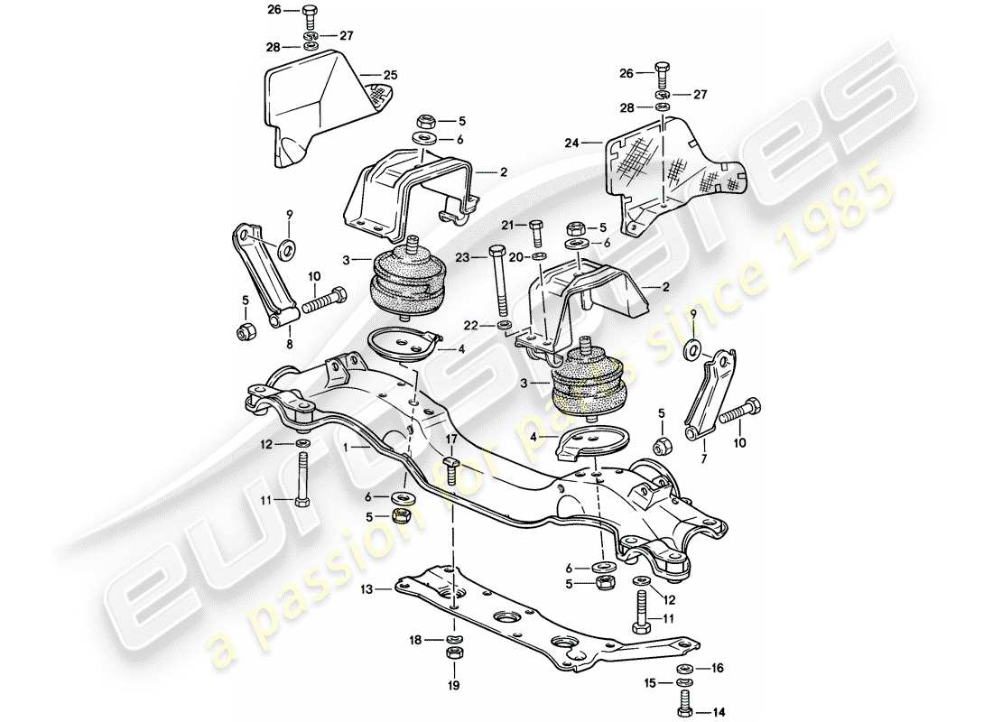 porsche 928 (1985) diagrama de piezas de suspensión del motor