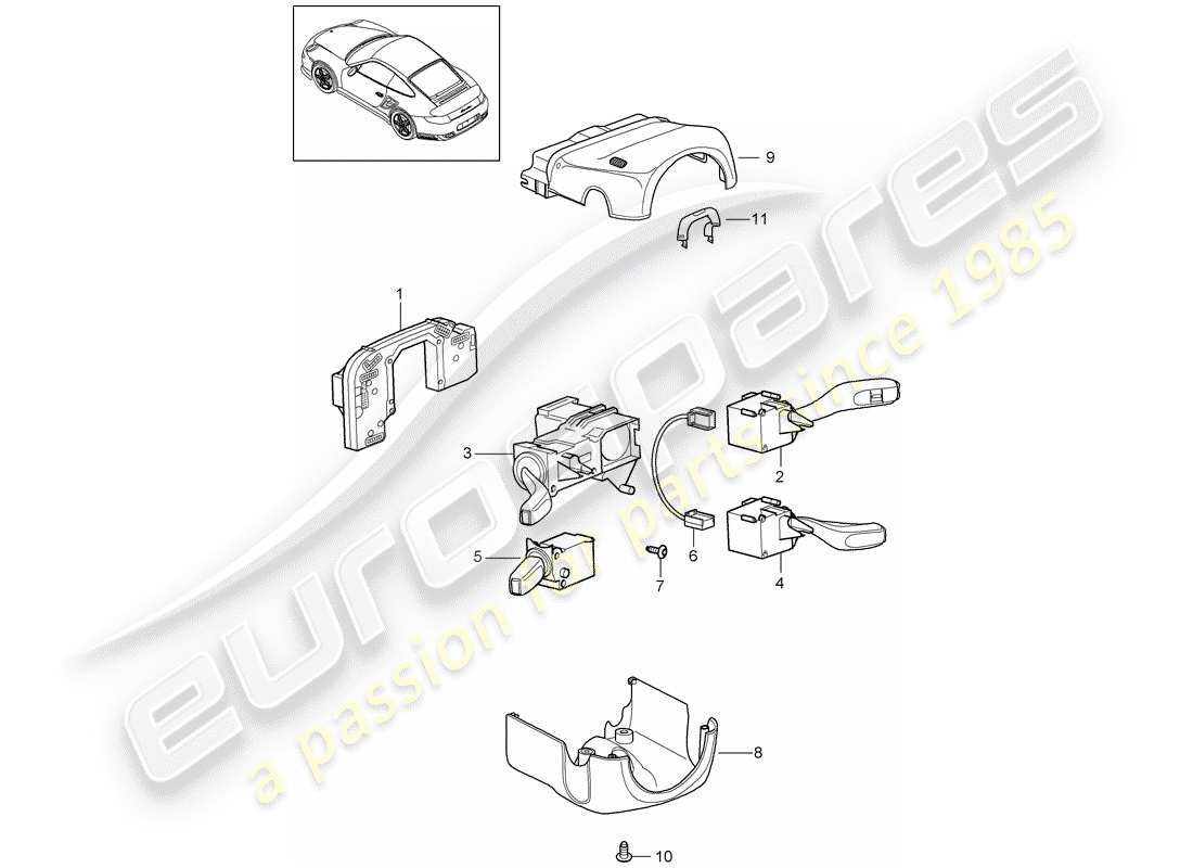 porsche 2013 (997-2 turbo / gt2 rs) diagrama de piezas del interruptor de la columna de dirección
