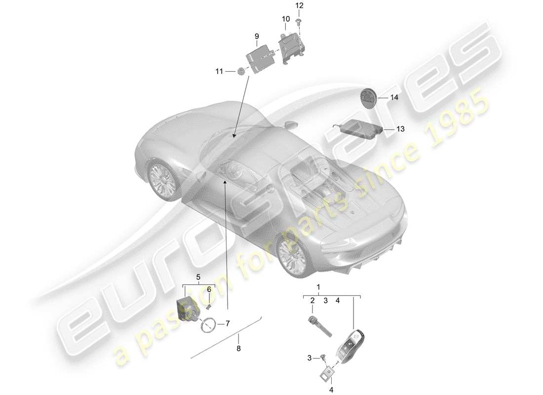 porsche 2015 (918 spyder) transmisor de mano diagrama de piezas