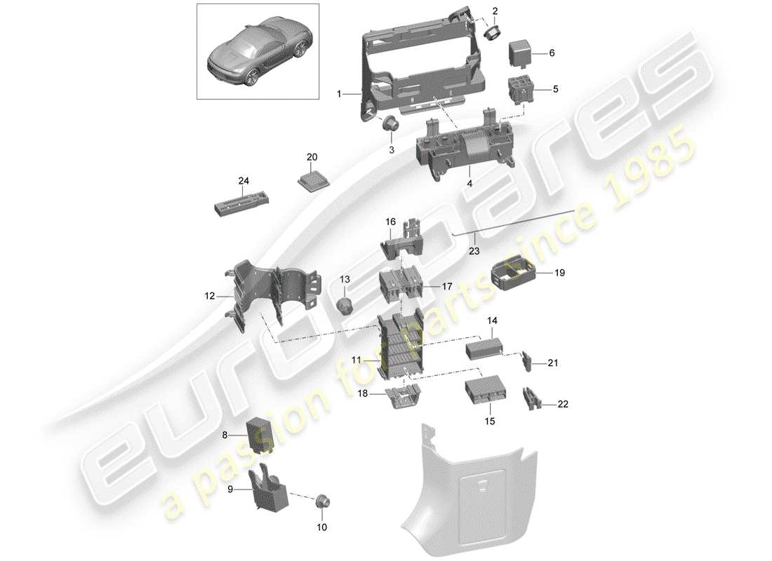 porsche 2015 (981 boxster) caja de fusibles/placa de relés diagrama de piezas
