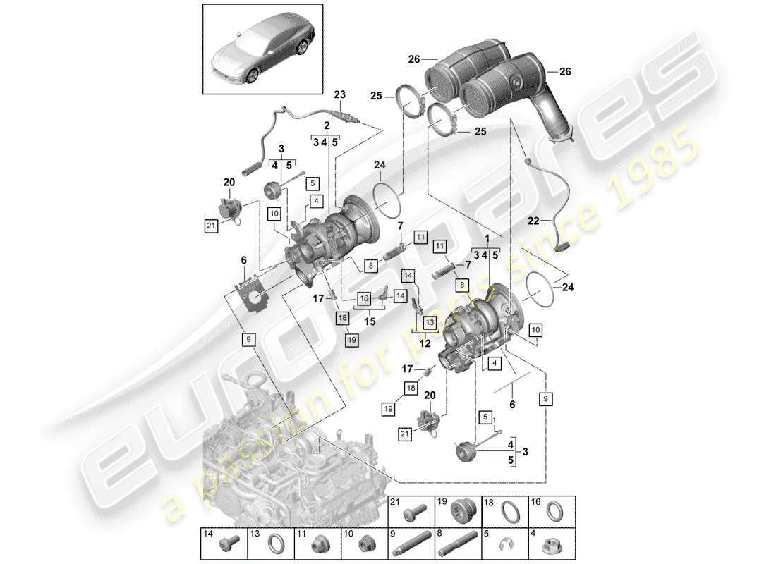 porsche 2020 (panamera 971-1) turbocompresor de gases de escape diagrama de piezas