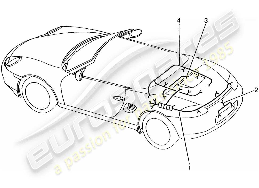 porsche 2000 (986 boxster) mazo de cables - parte trasera - luz de matrícula - luz de freno adicional - motor - kit de reparación - sistema freno antibloqueo -abs- - indicador de desgaste de pastillas de freno - eje trasero diagrama de piezas