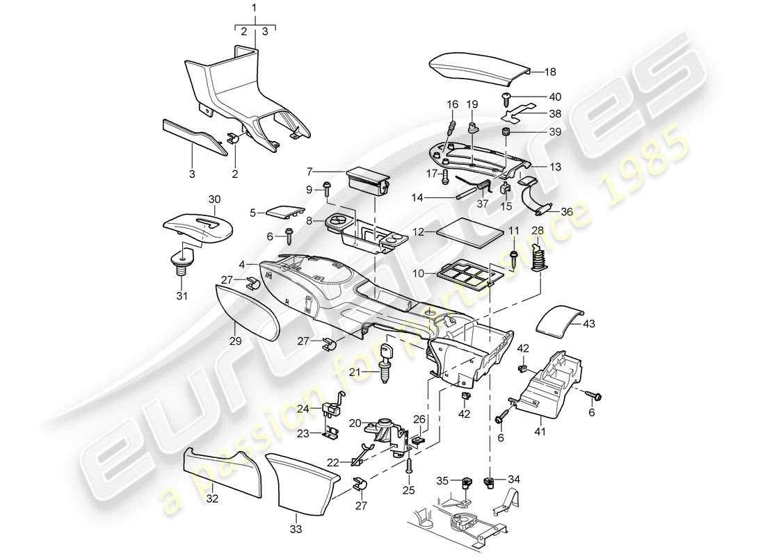 porsche 2003 (996 turbo / gt2) diagrama de piezas de la consola central