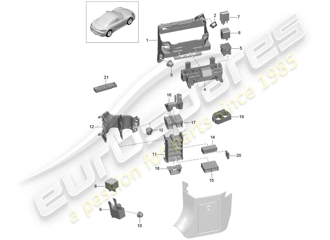 porsche 2017 (718 cayman) caja de fusibles/placa de relés diagrama de piezas