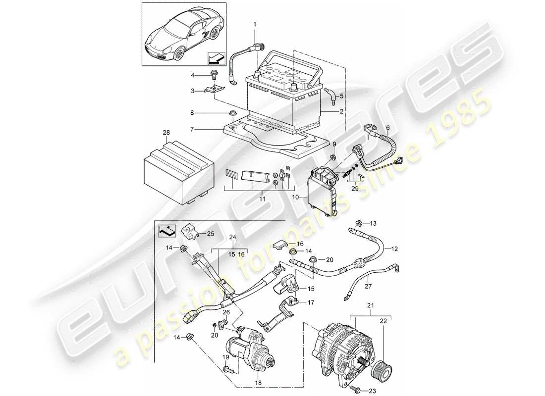 porsche 2012 (987 cayman) batería diagrama de piezas