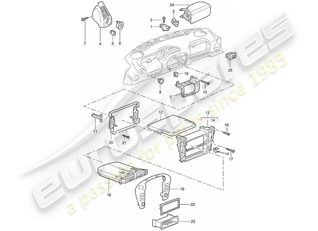 porsche 2000 (986 boxster) accesorios - adorno del panel de salpicadero diagrama de piezas