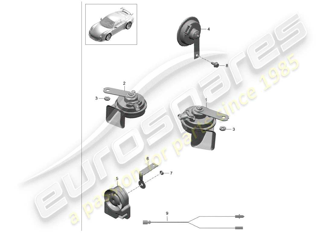 porsche 2016 (991-1 r/gt3/rs) cuerno de fanfarria diagrama de piezas
