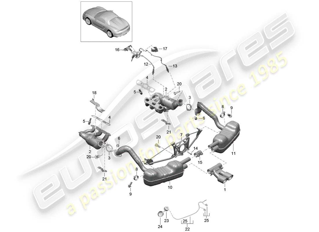 porsche 2016 (981 boxster spyder) diagrama de piezas del sistema de escape