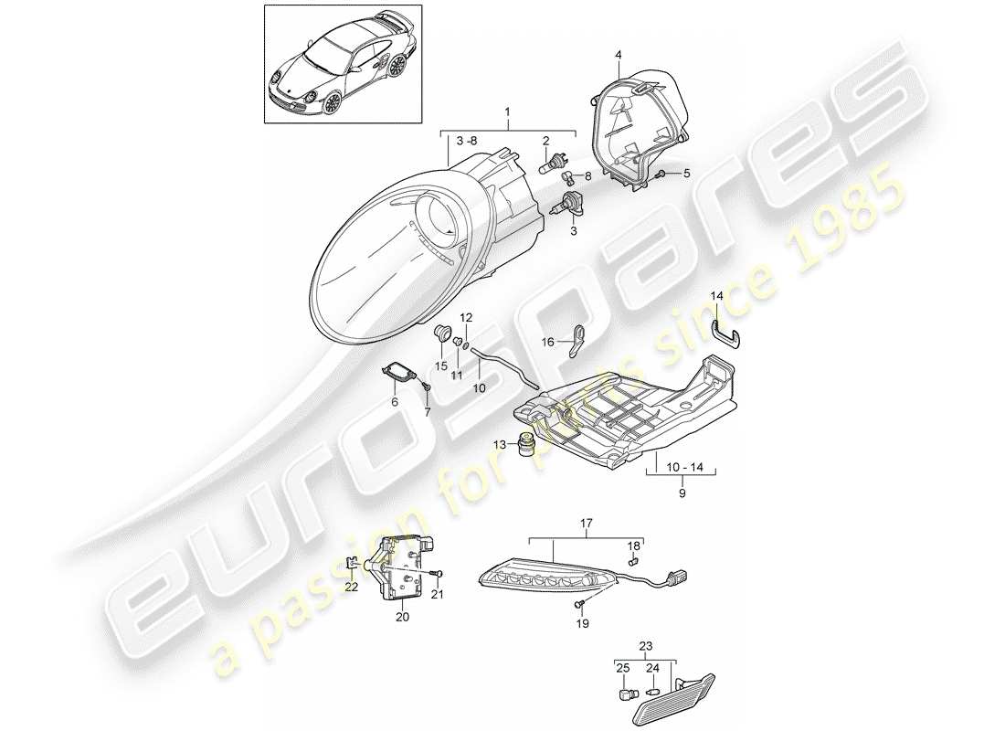 porsche 2012 (997-2 turbo / gt2 rs) diagrama de piezas del faro