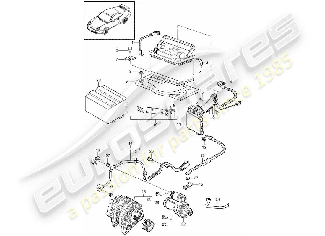 porsche 2012 (997-2 turbo / gt2 rs) batería diagrama de piezas