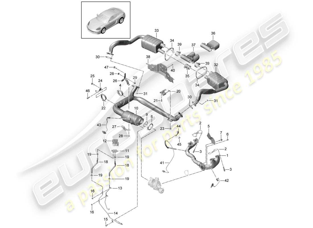 porsche 2017 (718 cayman) diagrama de piezas del sistema de escape